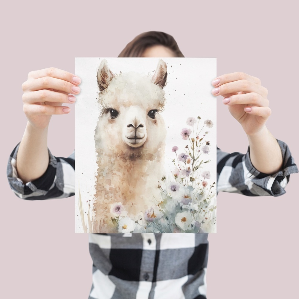 Watercolor Cute Floral Alpaca Wall Art Illustration Print Poster Unframed - Picture 4 of 6